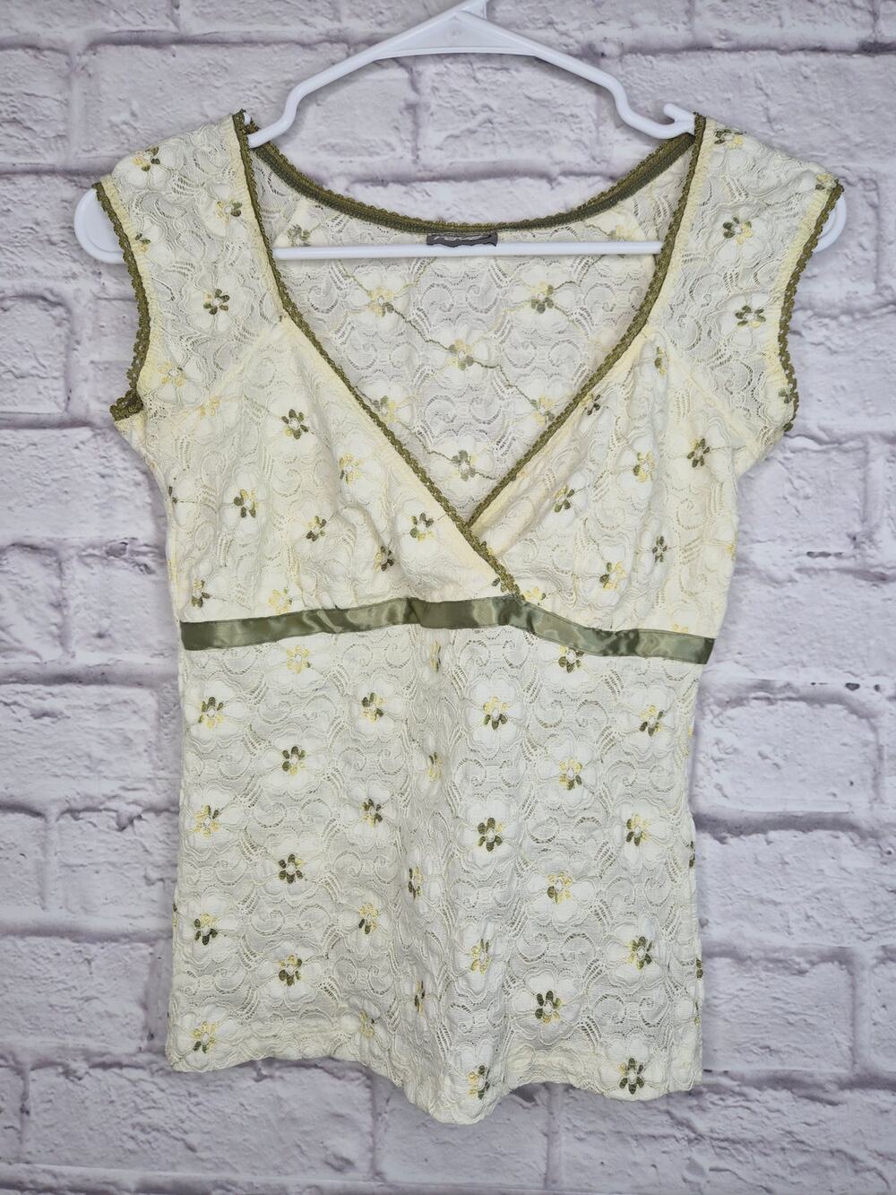 Vintage Y2K Rave Lace Top Floral Wrap V Neck Cap Sleeve Fairycore Coquette S